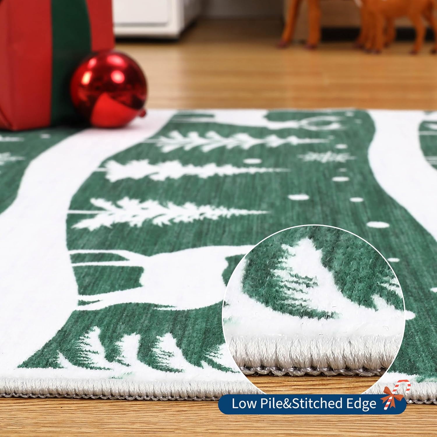 Garvee 9x12 ft Christmas Rug, Washable Non Slip Low Pile Carpet, Xmas Tree Reindeer Snowflake Indoor Rug for Entryway, Kitchen, Living Room, Green