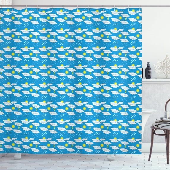 Blue and Yellow Shower Curtain, Day Time Meteorology Snow Drizzle Thunderstorm Weather Forecast, Fabric Bathroom Set with Hooks, 69W X 70L Inches, Blue Yellow and White, by Ambesonne