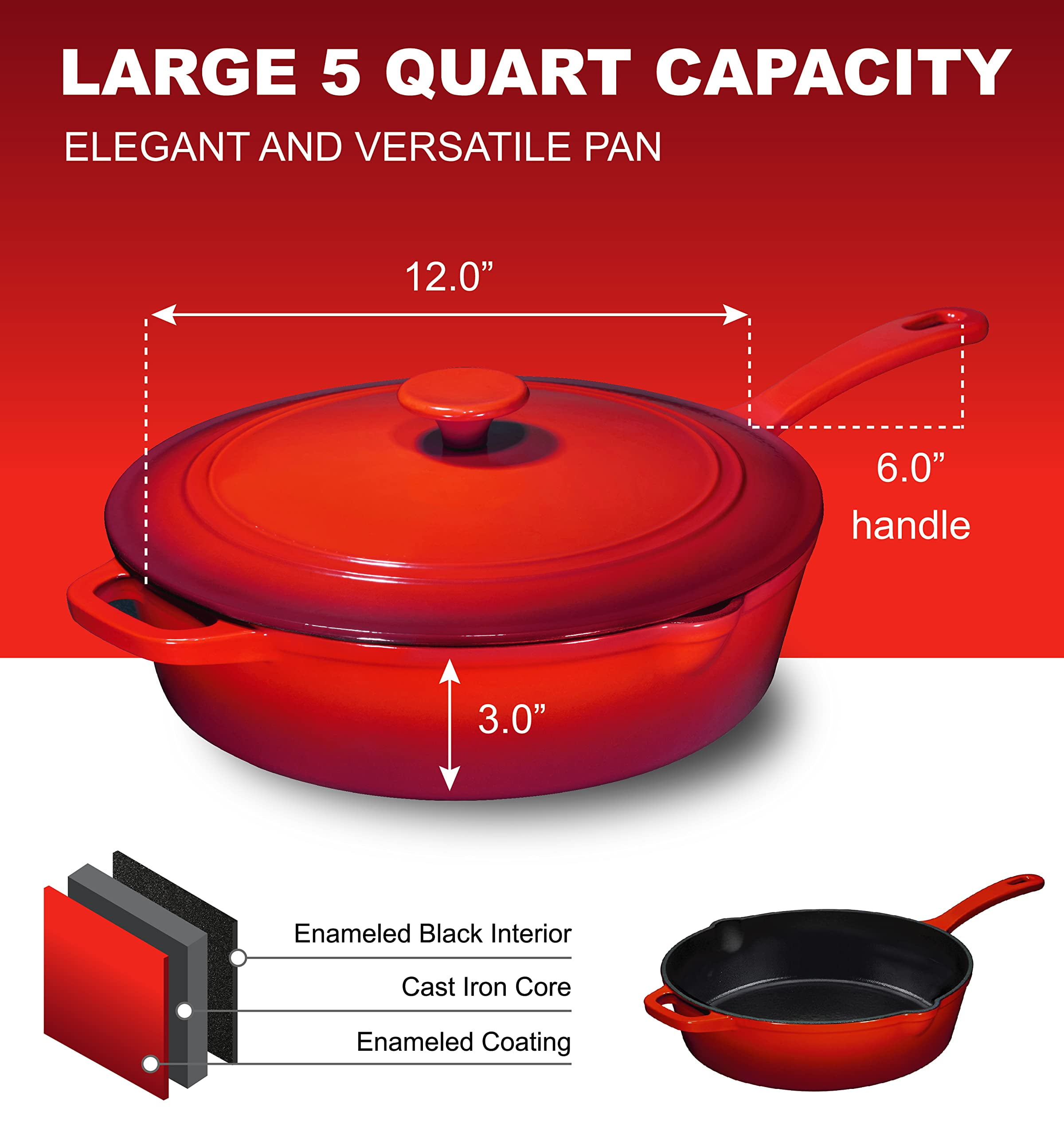Dropship Enameled Silicone Oil Cast Iron 12 Inch Skillet Deep Saut Pan 5  Quart Jumbo Cooker to Sell Online at a Lower Price