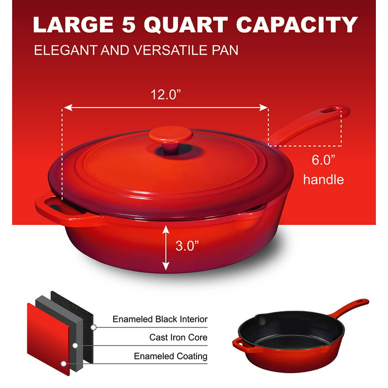 Lodge Cast Iron Serving Pot Cast Iron Double Dutch Oven, 5-Quart & Cast  Iron Skillet with Red Silicone Hot Handle Holder, 12-inch: Home & Kitchen 