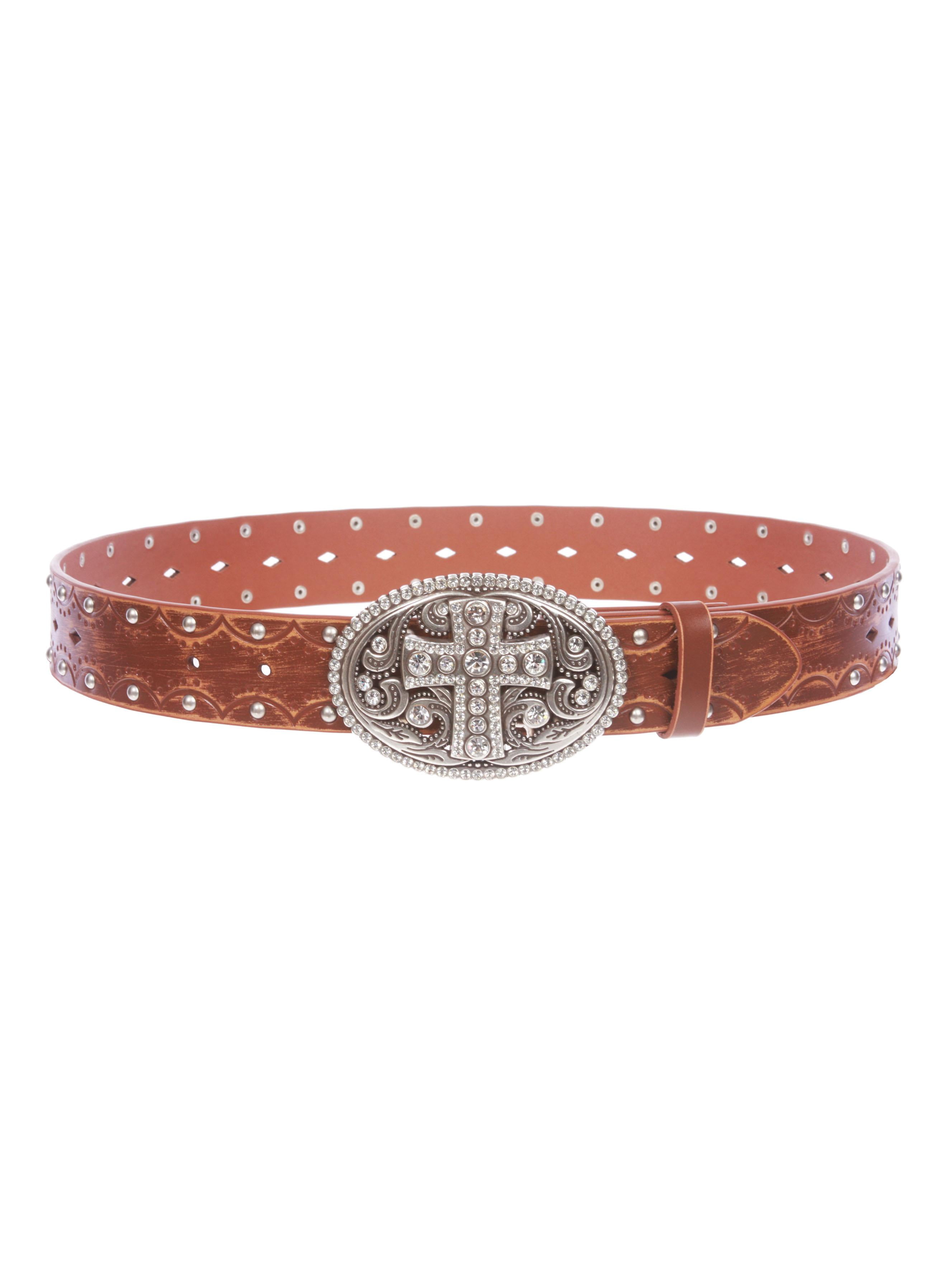 Studded Perforated Embossed Leather Belt With Rhinestone Bling