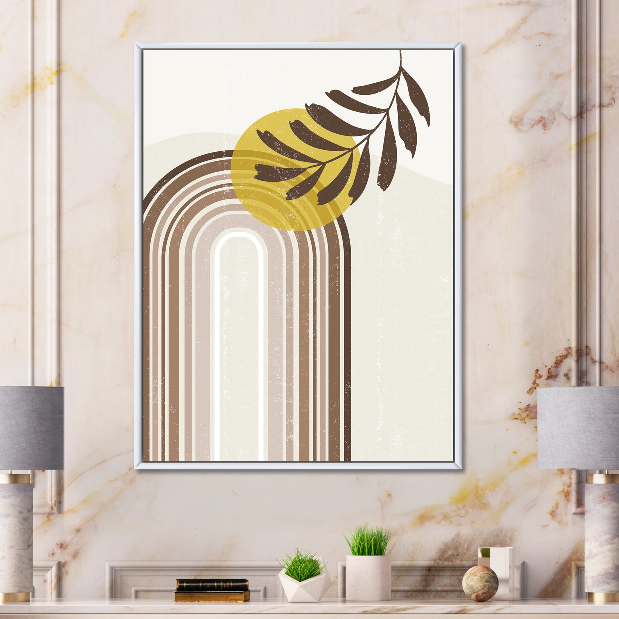 Designart 'Abstract Moon and Sun With Leaf In Earth Tones' Modern Framed Canvas Wall Art Print