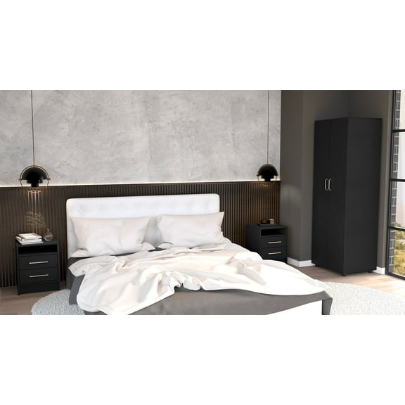 3 Piece Bedroom Set, London Armoire 2 Leyva Nightstands, Black