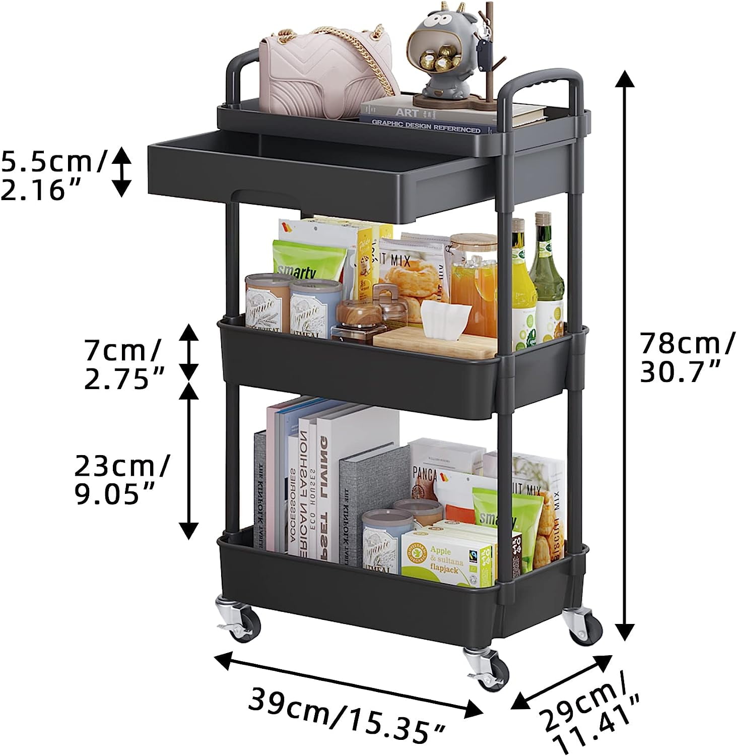 3-Tier Rolling Utility Cart with Drawer,Multifunctional Storage Organizer with Plastic Shelf & Metal Wheels,Storage Cart for Kitchen,Bathroom,Living Room,Office,Black