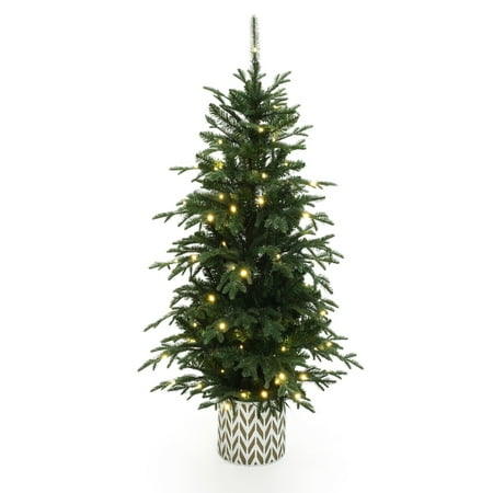 LuxenHome 4.5Ft Pre-Lit Green Slender Fir Potted Artificial Christmas Tree