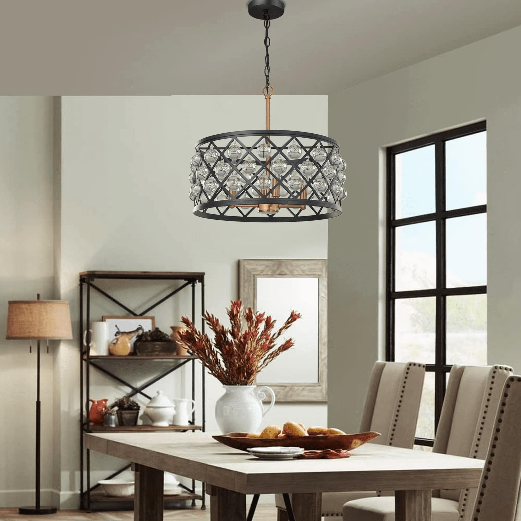 Karmiqi Crystal Chandelier, 17.8" 4-Lights Modern Farmhouse Chandelier with Adjustable Chain, Black Industrial Crystal Pendant Light Fixtures for Kitchen Island Dining Room Entryway Bedroom