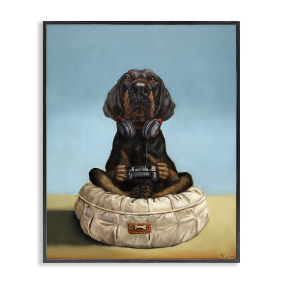 Stupell Industries Cottage Video Game Playing Dog Black Framed Giclee Art, 11 x 14, by Lucia Heffernan