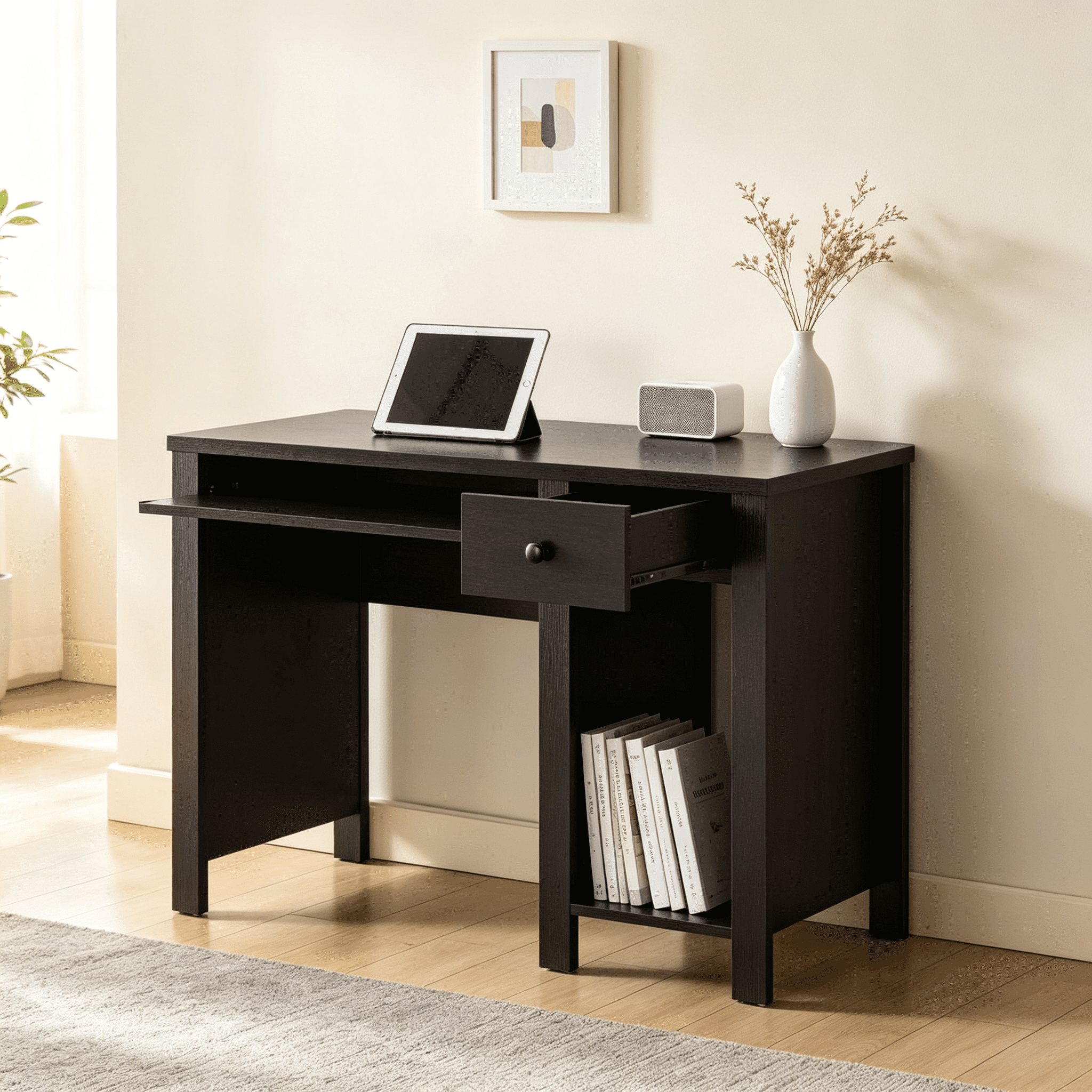 Compact Student Desk and Home Office Writing Desk with Keyboard Drawer, Storage Drawer, Shelf, 39 in Wide Wood Desk