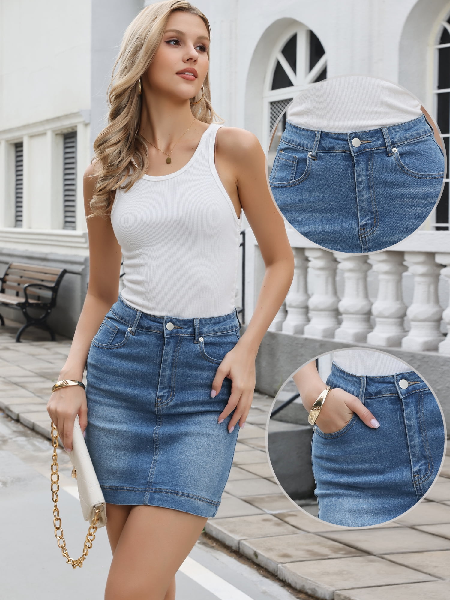 DARING DIVA Women's Jean Skirt with Pockets Small Sky Blue