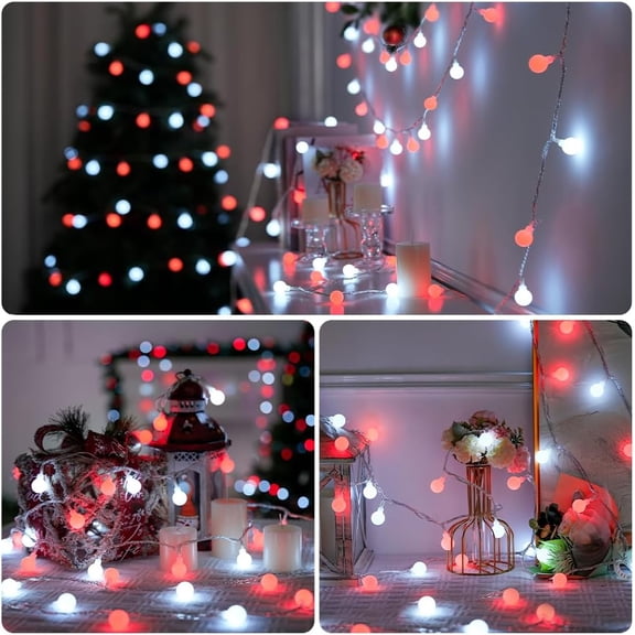 SHILIU-Globe String Lights, Red and White Christmas Lights, 100 LED Plug