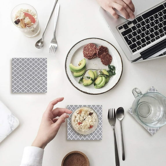 FMSHPON Modern Moroccan Geometric Pattern Gray Set of 8 Coaster for Drinks, Absorbent Ceramic Stone Coasters Cup Mat with Cork Base for Home Kitchen Room Coffee Table Bar Decor