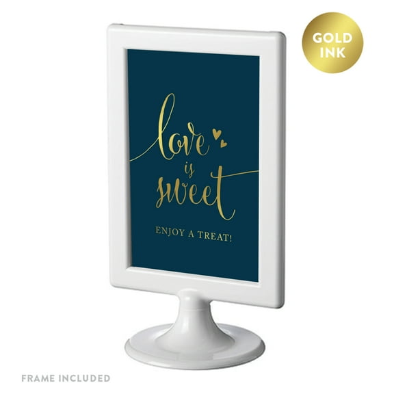 Wedding Party Signs, Navy Blue with Metallic Gold Ink, 4x6-inch, Love is Sweet, Enjoy a Treat Dessert Table Sign