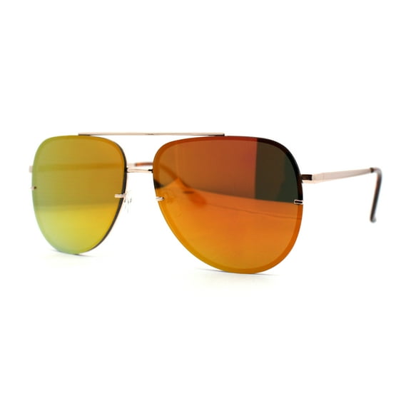 Mens 90s Rimless Officer Style Mirrored Lens Air Force Sunglasses Gold Orange Mirror