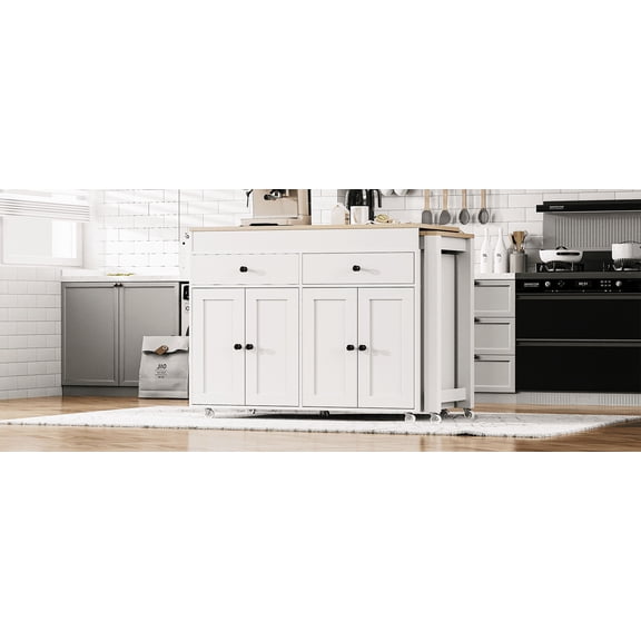LiviNest Kitchen Island with Extendable Table: 74.5" Rolling Mobile Kitchen Cart with 4 Doors & 2 Drawers - White Modern Kitchen Furniture with Spice Rack & Lockable Wheels for Dining Room & Small Sp