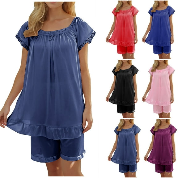 Bovxnpu Pajamas for Women Set Loungewear Set, Silk Pajamas for Women Set Short Sleeve Tops and Shorts Soft Plus Size Sleepwear Nightwear