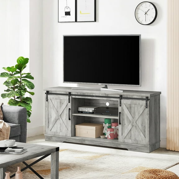 Farmhouse Tv Stand for 65 Inch TVs, Entertainment Center with Sliding Barn Doors and Adjustable Shelf, Modern Storage Media TV Console for Living Room, Grey