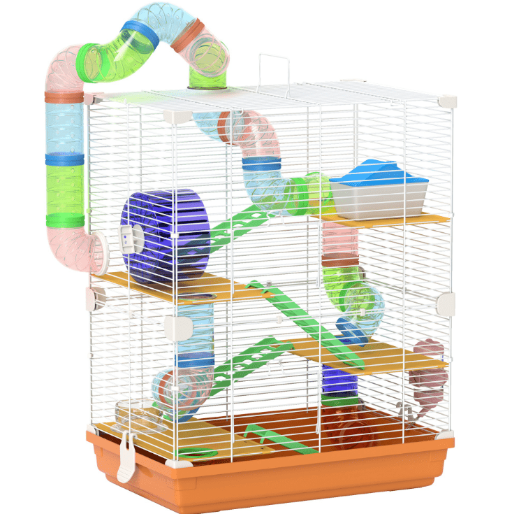 Hamster Cage 5 Tier Portable Carrier w/ Wheel & Tubes, Small Animal Habitat - Orange