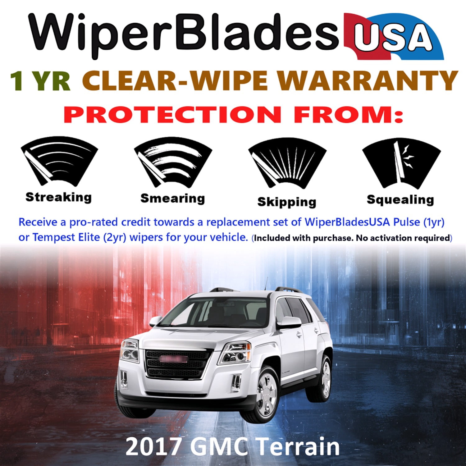 2017 GMC Terrain Beam Wiper Blades Wipers w/1yr Warranty (Set of 3) w/Rear Wiper (WiperBladesUSA)