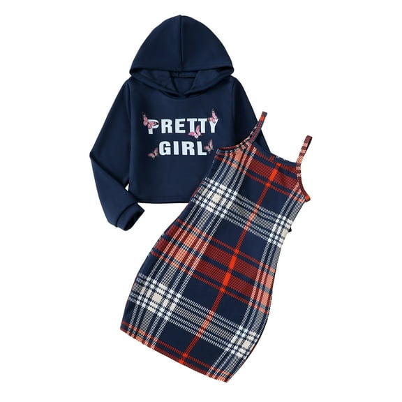13Y Big Girls Outfits Big Girls Skirt Sets 14Y Big Girls Long Sleeve Letter Print Hooded Top Suspender Dress 2PCS Set Blue