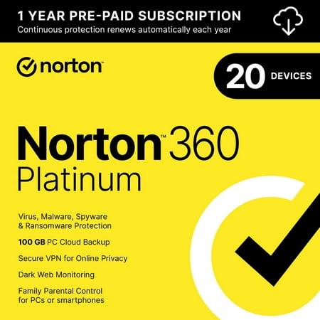 Norton 360 Platinum, Antivirus Software for 20 Devices, 1 Year Subscription, PC/Mac/iOS/Android [Digital Download]