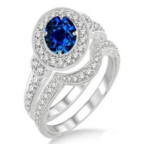 1.5 Carat Sapphire and Diamond Antique Halo Bridal Set Engagement Ring on 10k White Gold