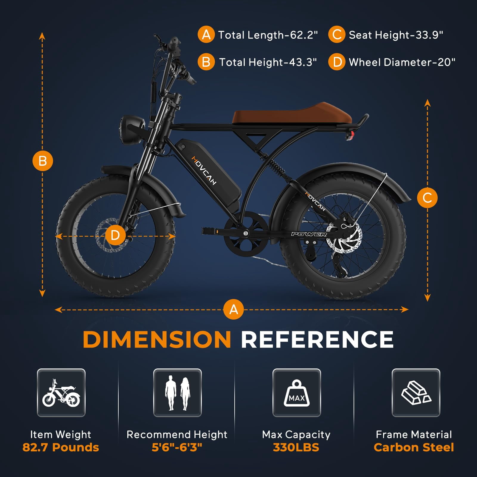 Movcan V60 Electric Bike for Adults,1000W Electric Mountain Bike,48V 15.6Ah Removable Battery,30 MPH 7 Speed Dirt Brake 20" Fat Tire Electric Bicycle,UL2849