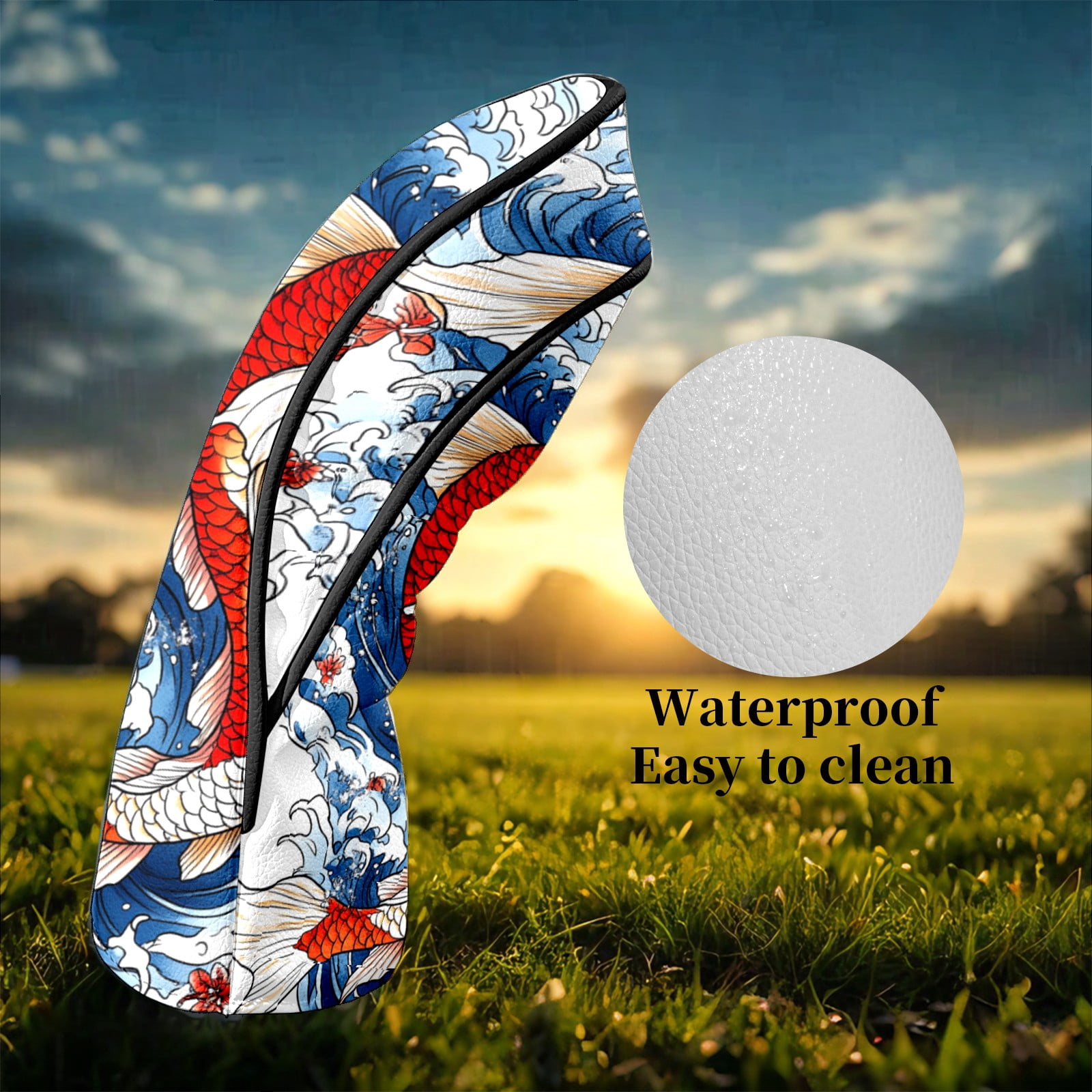 Golf Club Head Covers Koi Fish Blue Waves Premium Plush Velvet Lining, Waterproof Golf Headcovers Driver & Fairway Woods for Scratch Protection Novelty Gift for Men & Women