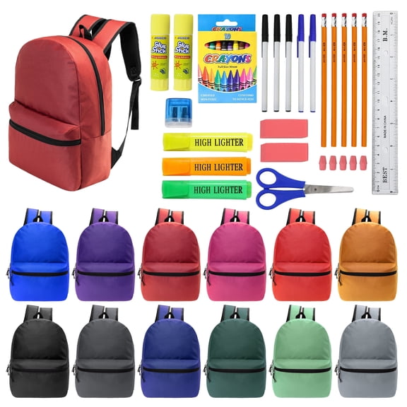Moda West 17 Inch Bulk Backpacks with 36 Piece School Supplies Kits - Pens, Pencils, Crayons - Case of 12 Wholesale Backpacks in 12 Assorted Colors