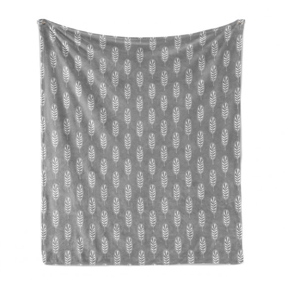 Abstract Soft Flannel Fleece Throw Blanket, Digitally Generated Feathers or Leaves Silhouettes with Stripes in Greyscale, Cozy Plush for Indoor and Outdoor Use, 50" x 60", Dimgray White, by Ambesonne