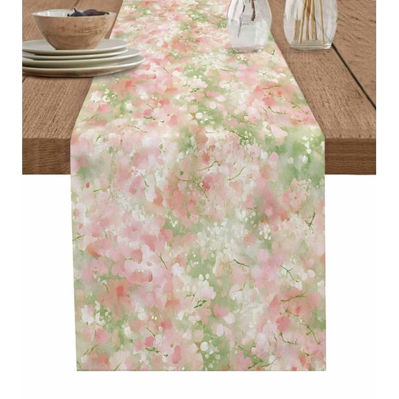 Pink Green Flower Table Runner Cotton Linen 48 Inch Holiday Dresser Scarves, Watercolor Summer Botanical Tablerunner for Kitchen Coffee Dining Bedroom Home Living Room Dinner Scarf Décor 13''x48''
