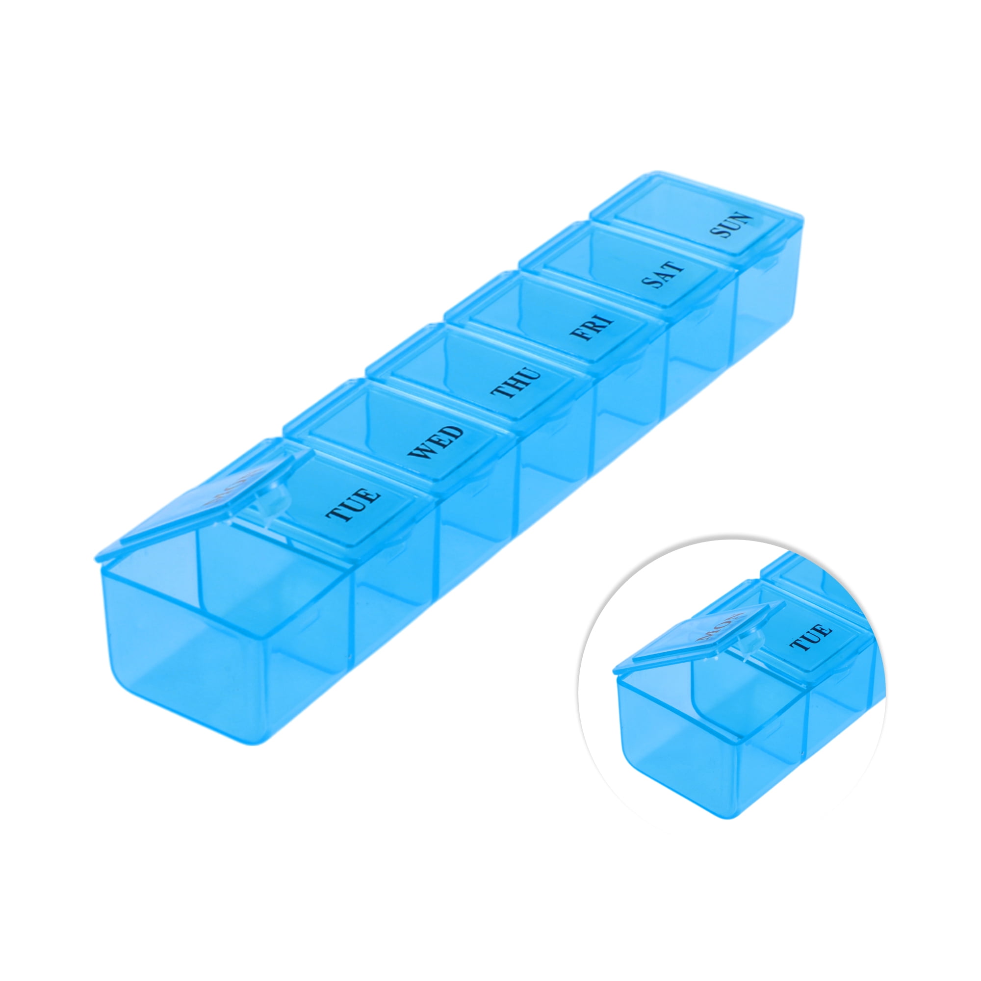 Unique Bargains Waterproof 7 Grids Single Row Hung Chain Pill Case for Travel Clear Blue