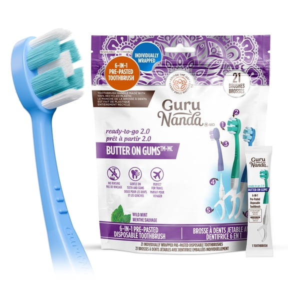 GuruNanda 6-in-1 Ready to Go Butter on Gums Pre-Pasted Toothbrushes 2.0 - 21 Count