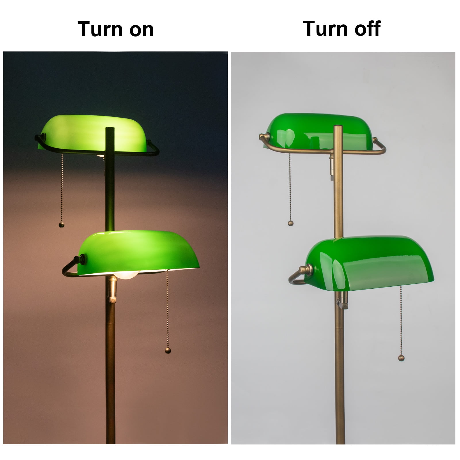 Vintage Green Glass Bankers Floor Lamp with Adjustable Arm & Pull Chain Switch,Satin Brass Finish,Standing Reading Lamp for Bedroom, Office, Living Room(not include bulb)