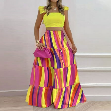 

jsaierl Fashion Women Summer Froral Print Casual Short SLeeve Top+ Skirt Set for Women 2022