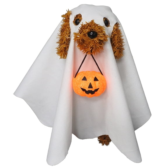 Tinsel Dog in Ghost Costume Tabletop Decoration, Brown and White, 11", Halloween by Way To Celebrate