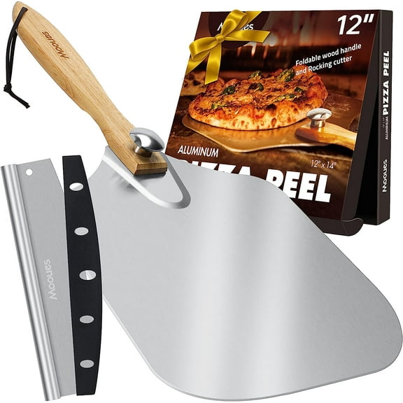 Pizza Peel Aluminum Pizza Spatula, 12 inch Metal Pizza Paddle(12"x 14")with Rocker Cutter Foldable Wood Handle, [Storage bag included], for Family Pizza Oven Baking Pizza, Dough, Bread & Pastry