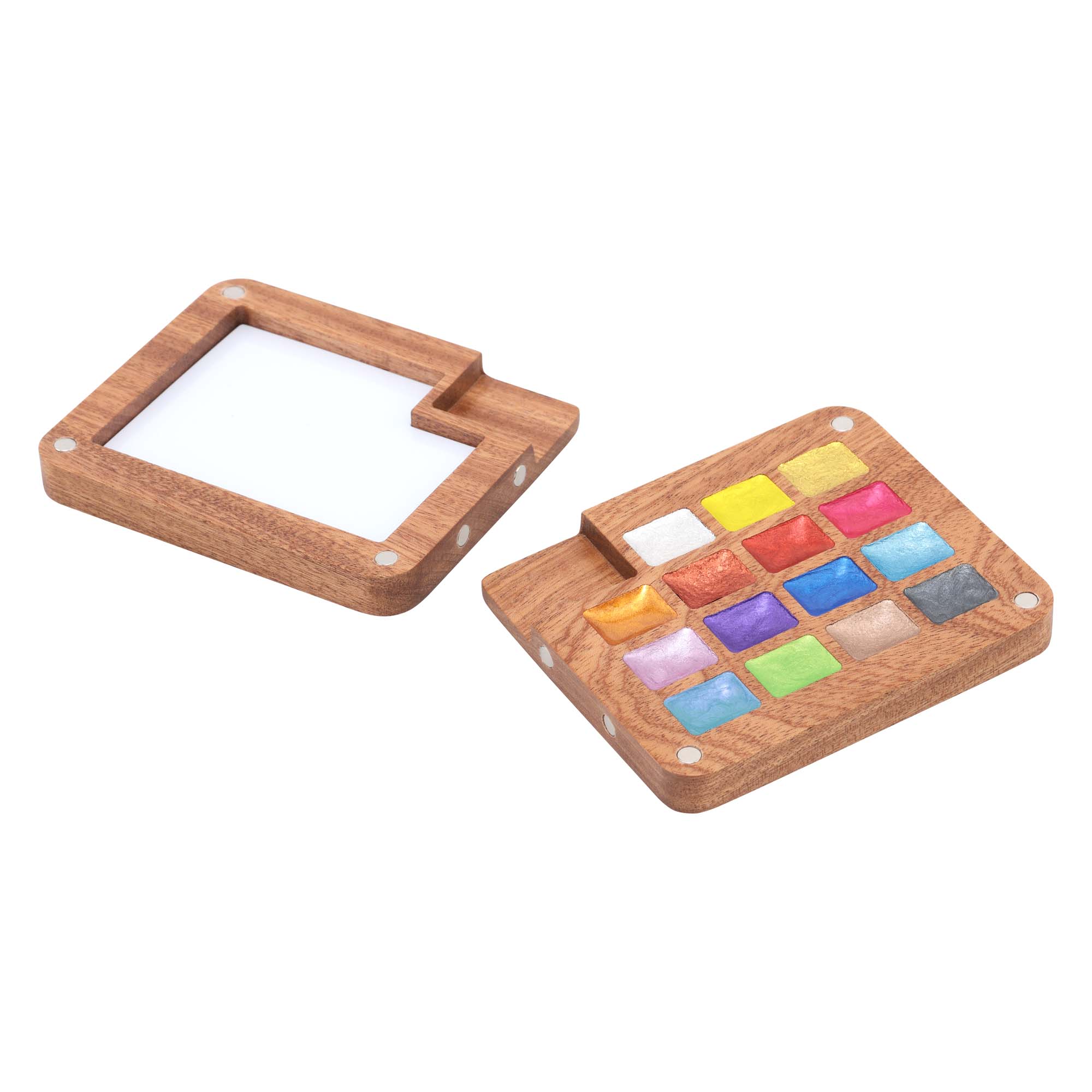SoHo Urban Artist Mini Wooden Travel Watercolor Set of 15 Metallic Paints - Professional Watercolor Paint Set for Plein Air Artists, Semi-Moist Pans, Pocket-Sized Magnetic Wood Case with Mixing Area