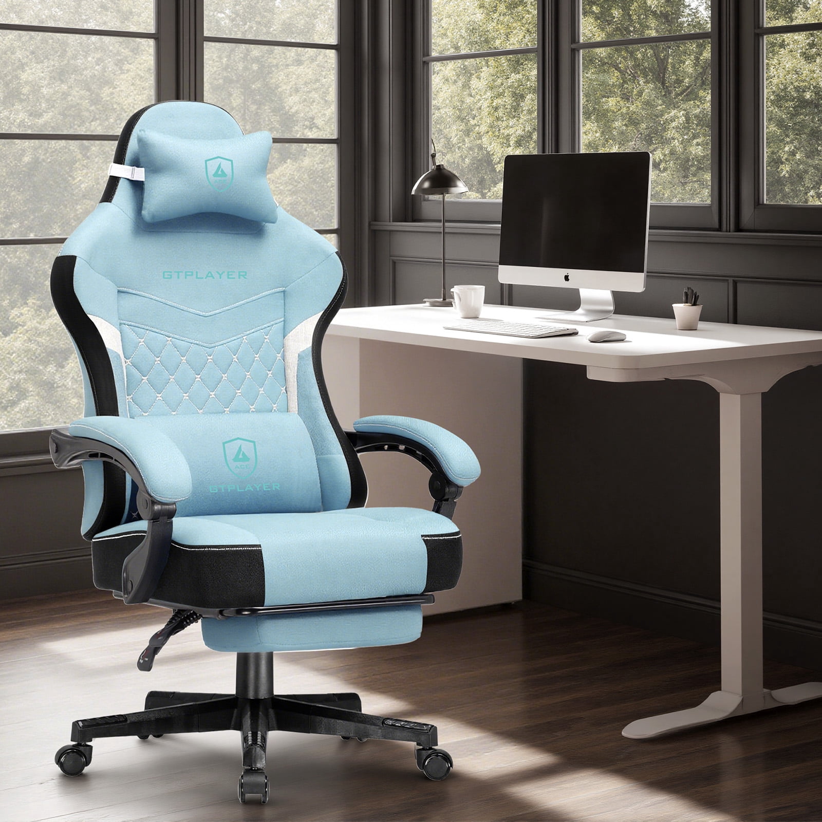 GTPLAYER Gaming Chair, Fabric Ergonomic Office Chair with Footrest and Lumbar Suppor for Adult, Lightblue