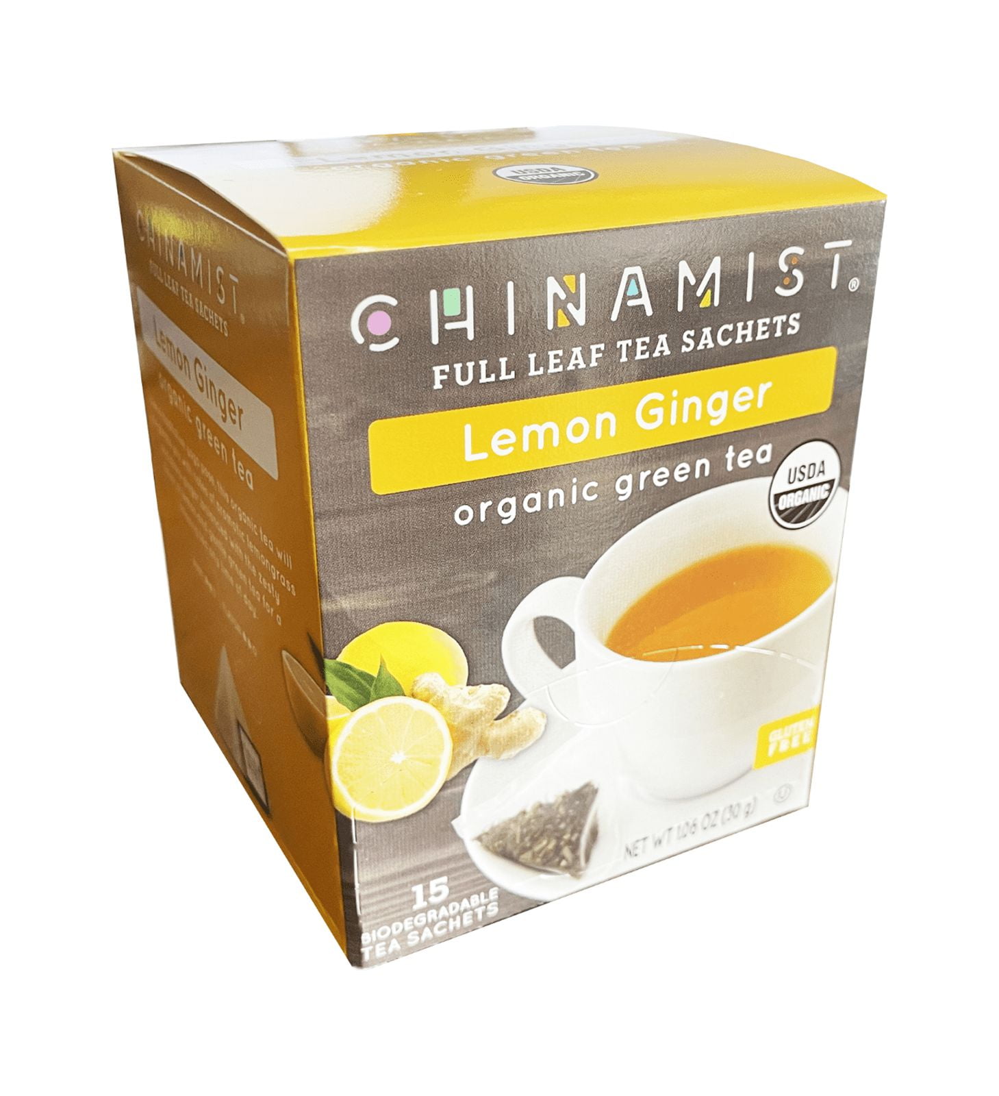 China Mist - Lemon Ginger Organic Green Tea Sachet, 6/15 Count