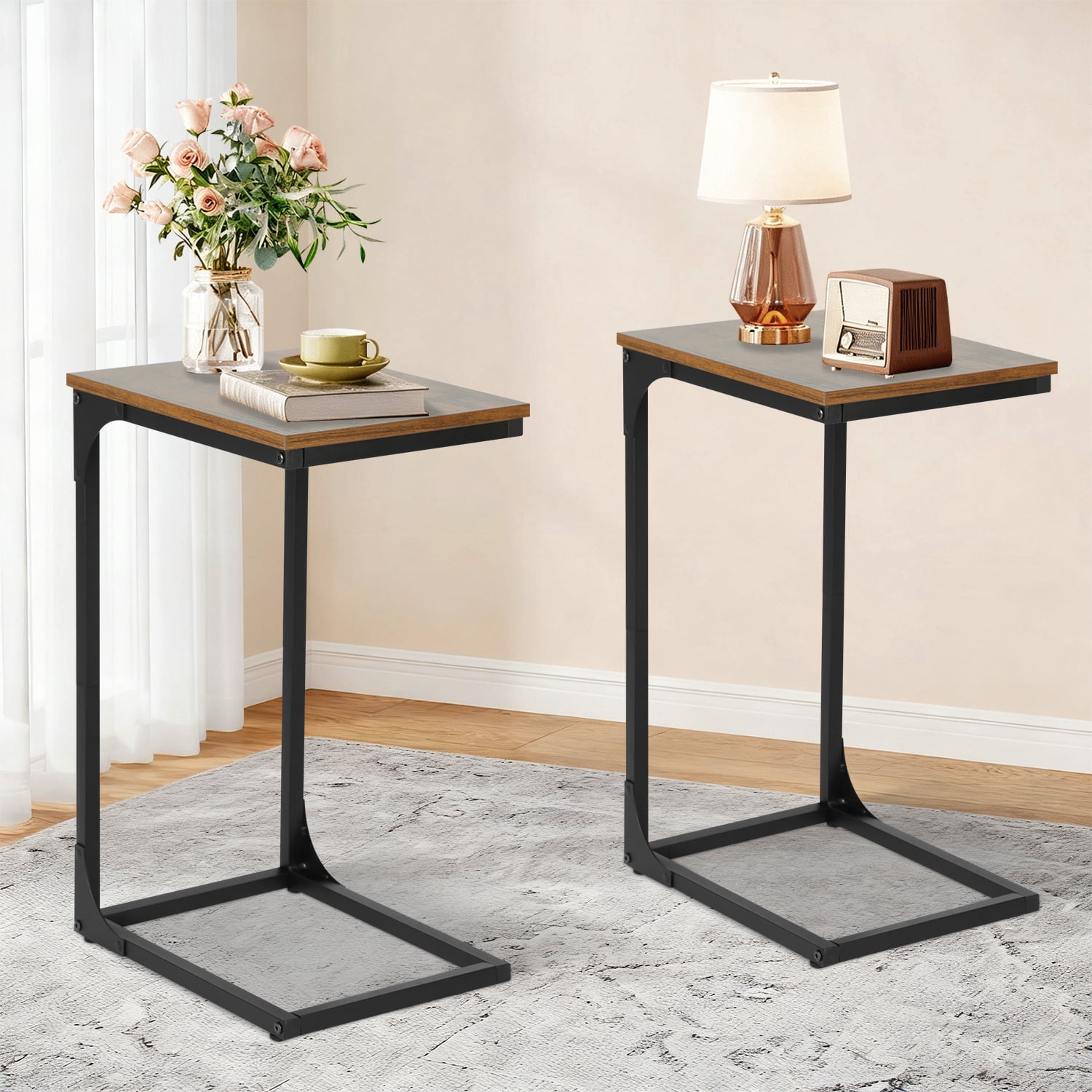 NiamVelo C-Shaped End Table Set of 2 , Small Side Table for Couch, Sofa Table with Metal Frame for Living Room, Bedroom, Bedside （Brown）