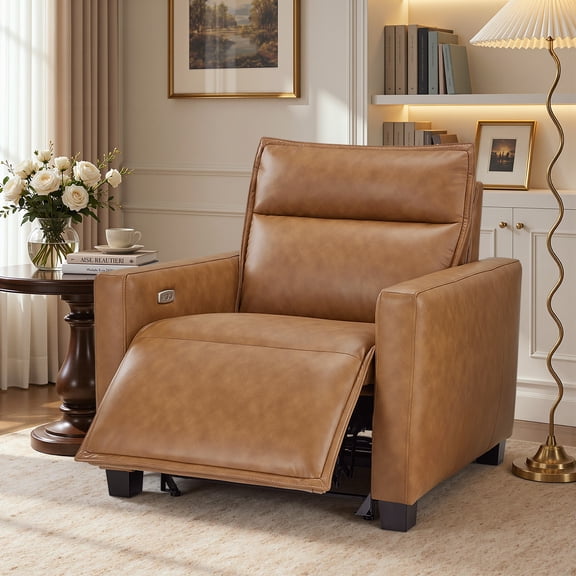 MCombo 27.2'' Wide Wall Hugger Power Recliner Chair for Small Space, RV, Zero Gravity Design, Faux Leather, Cognac Tan