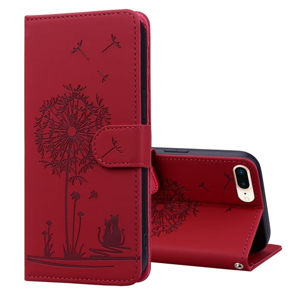 ELEHOLD Case for iPhone 8 Plus/7 Plus, Premium PU Leather Wallet Flip Case Folio Cover with Card Holder Kickstand,Red