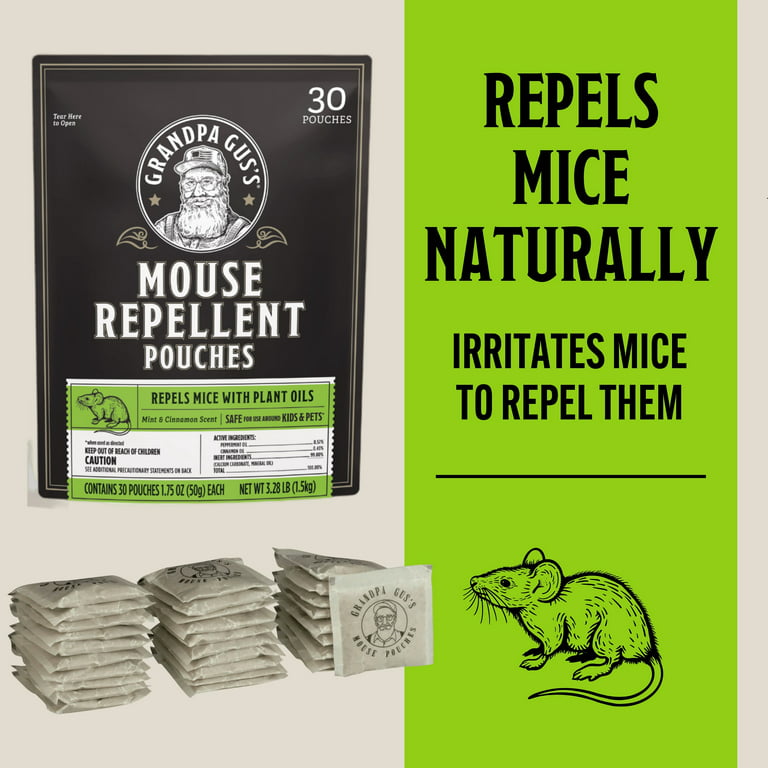 Grandpa Gus's Natural Mouse Repellent Pouches, Repel Mice from Nesting &  Freshen Air in Home/Cabin/Boat/Car Storage/RV/Machinery/Shed (30 Pouches)