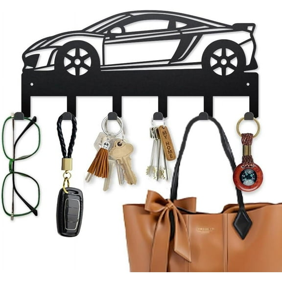 1 Set Supercars Metal Key Hook Automobile Cars Coat Rack Wall Mounted 15.7×7.0inch Art Wall Decor Key Holder Organizer Rack with 6 Hooks for Gift Coats Hats Towels Bags Hanging