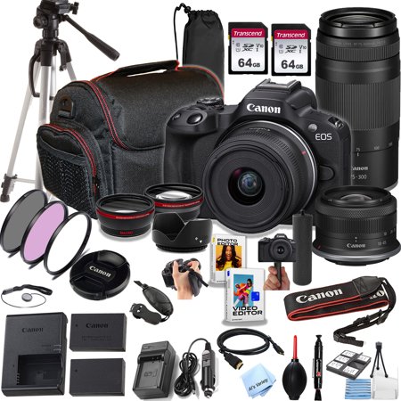 Canon EOS R50 24.2MP APS-C CMOS Sensor Mirrorless Camera with 18-45mm + 75-300mm Lenses 128GB Memory Tripod Stabilizing Grip Filters Lenses Case Software More (Premium Bundle)