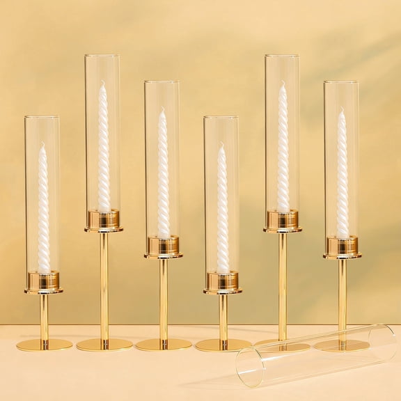 Lumikrypt Set of 6 Gold Hurricane Glass Taper Candle Holders,Metal Candlestick Holders with Clear Cylinder Sleeves, Tall Candle Sticks Holder Decor for Table Centerpiece, Wedding