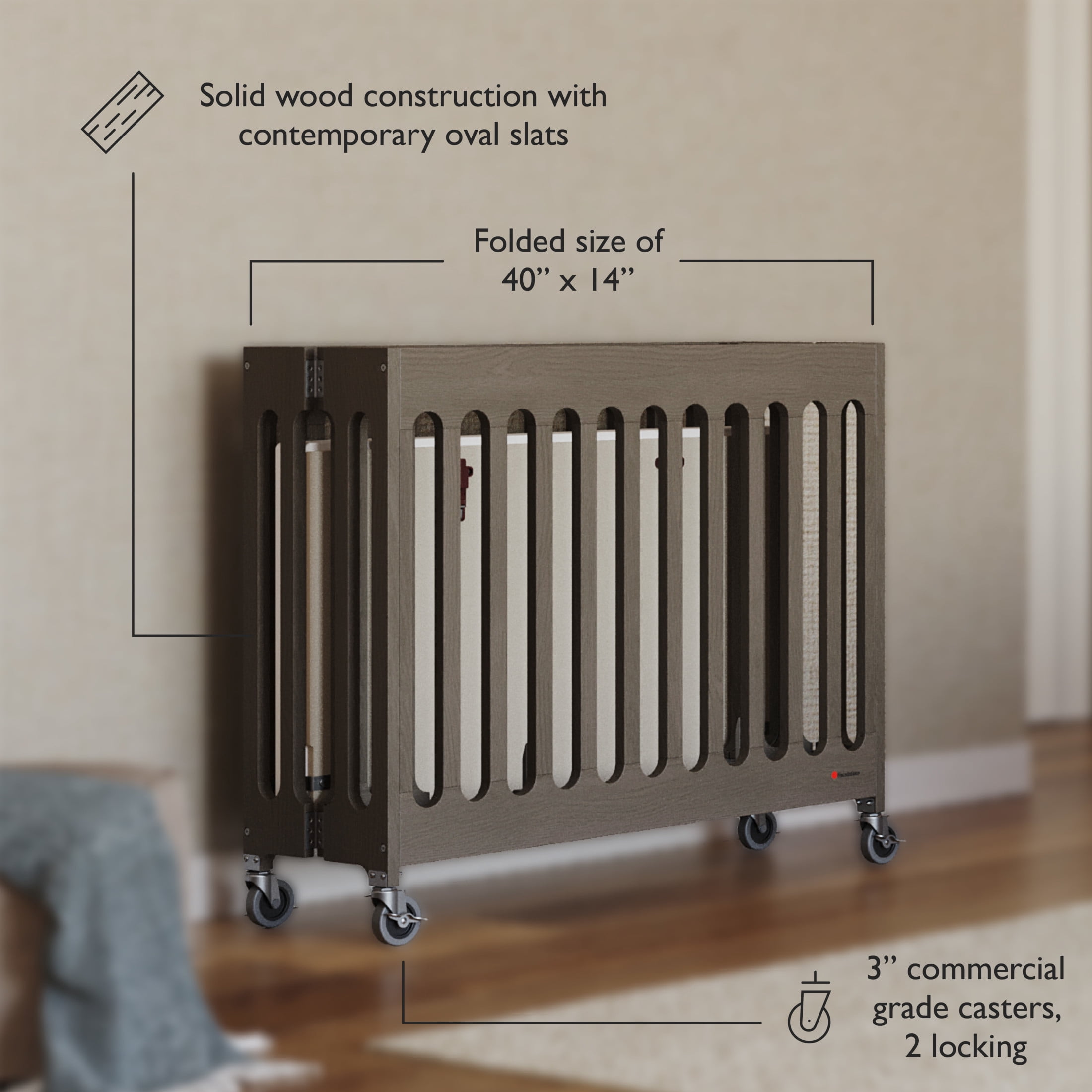 Foundations Boutique Folding Hotel Crib and Sheet Bundle - Includes Wooden Mini Crib with 3" Foam Mattress (Gray) and 6-Pack White Fitted Compact Crib Sheets