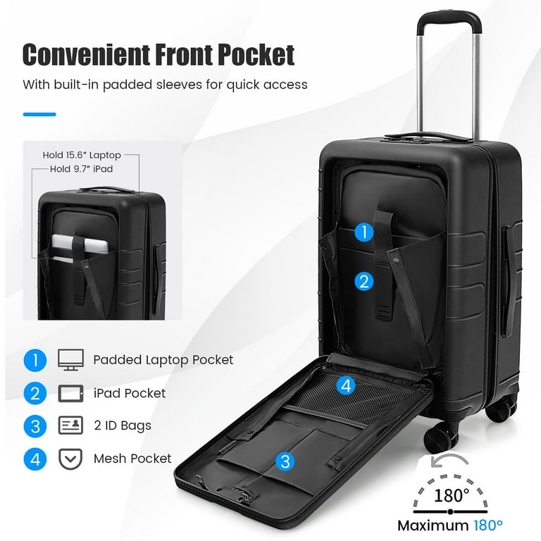 20 inch Carry-on Luggage PC Hardside Suitcase with TSA007 Lock & USB Port  Black