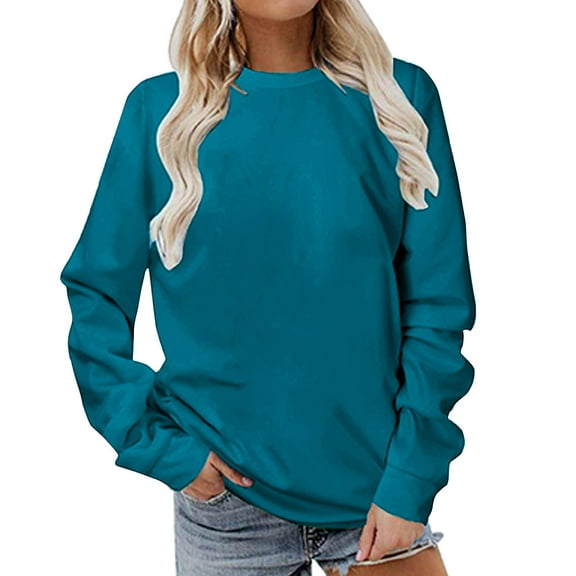 nerohusy Womens Sweatshirts Crewneck Long Sleeve Sweatshirt Fall Causal Loose Fit Pullover Tunic Top Basic Solid Color Plain Light Blue,L
