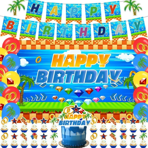 Blue Hedgehog Birthday Party Supplies with 1Pcs Blue Hedgehog Theme Banner,1 Pcs Backdrop,25 Pcs Caketoppers,18 Pcs Ballon for kids Anime Birthday Baby Shower Party Decorations